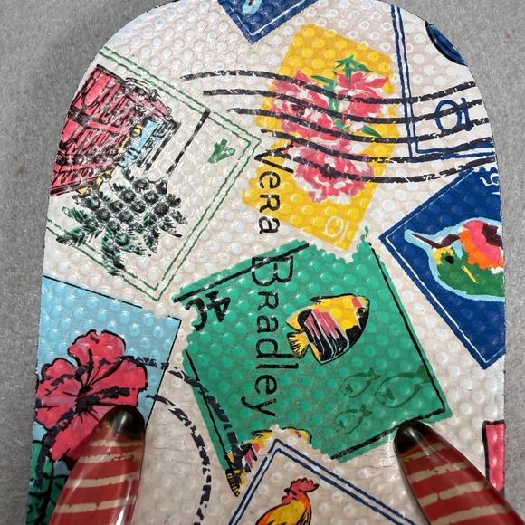 Vera Bradley Flip Flops Size 8/M Stamp Print‎ Red Stripe Straps Beach Sandals - Picture 3 of 17